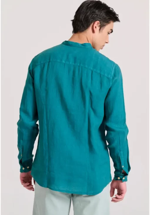 Garment dyed λινό πουκάμισο με λαιμό mao FBM009 003 05 Deep Teal (4)