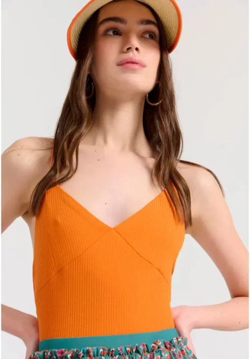 Halter neck κορμάκι σε rib ύφανση FBL009 102 17 Orange (4)