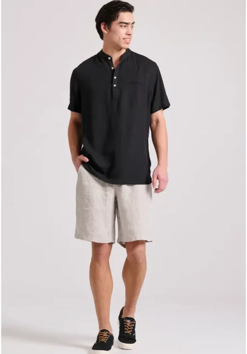 Relaxed fit linen blend πουκαμίσα με λαιμό mao FBM009 006 05 Black (2)