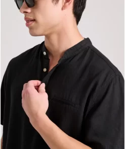 Relaxed fit linen blend πουκαμίσα με λαιμό mao FBM009 006 05 Black (3)