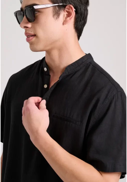 Relaxed fit linen blend πουκαμίσα με λαιμό mao FBM009 006 05 Black (3)