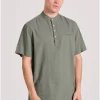 Relaxed fit linen blend πουκαμίσα με λαιμό mao FBM009 006 05 Forest Green