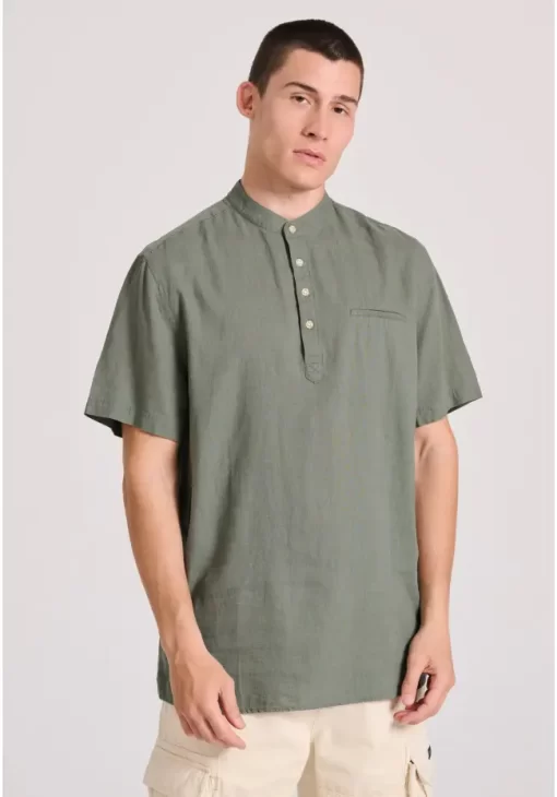 Relaxed fit linen blend πουκαμίσα με λαιμό mao FBM009 006 05 Forest Green