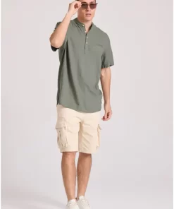 Relaxed fit linen blend πουκαμίσα με λαιμό mao FBM009 006 05 Forest Green (2)