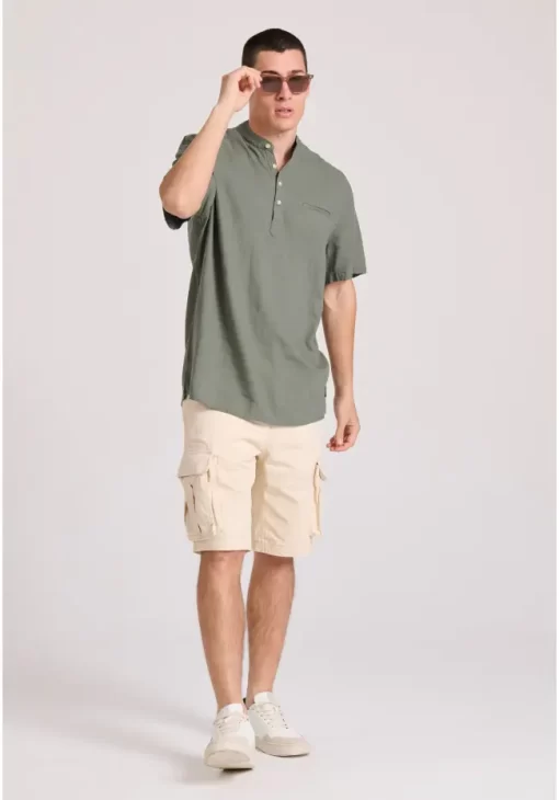 Relaxed fit linen blend πουκαμίσα με λαιμό mao FBM009 006 05 Forest Green (2)