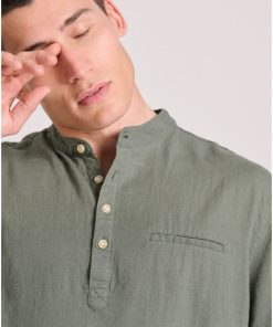 Relaxed fit linen blend πουκαμίσα με λαιμό mao FBM009 006 05 Forest Green