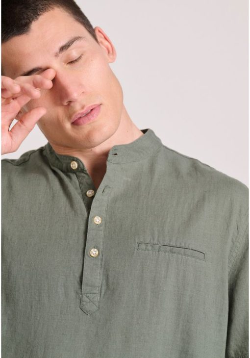 Relaxed fit linen blend πουκαμίσα με λαιμό mao FBM009 006 05 Forest Green