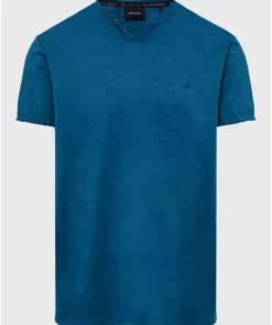 T shirt με λαιμό henley και raw cuts FBM009 004 04 Deep Teal