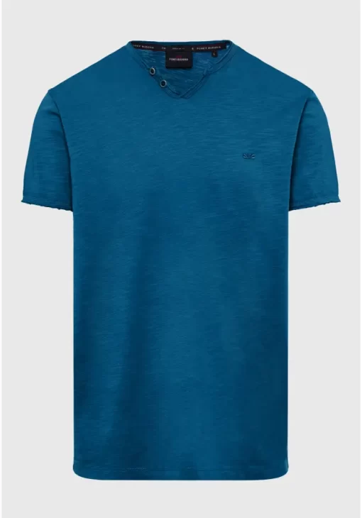 T shirt με λαιμό henley και raw cuts FBM009 004 04 Deep Teal