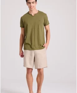 T shirt με λαιμό henley και raw cuts FBM009 004 04 Khaki (2)