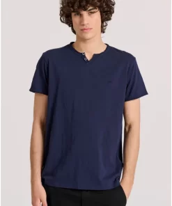 T shirt με λαιμό henley και raw cuts FBM009 004 04 Navy