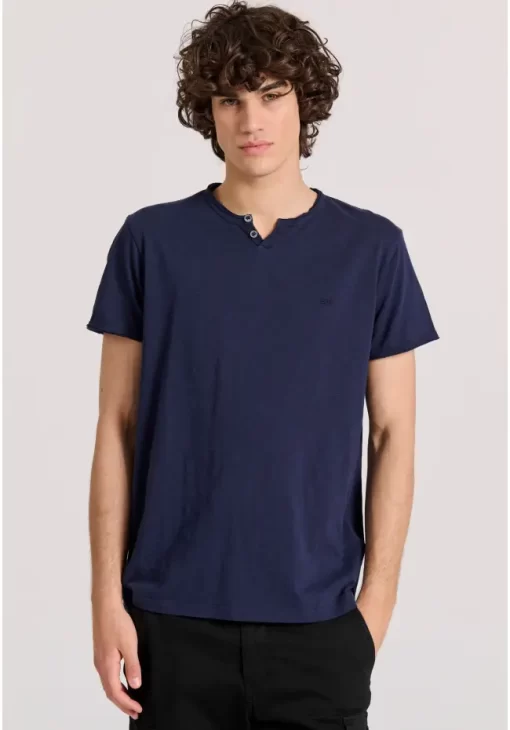 T shirt με λαιμό henley και raw cuts FBM009 004 04 Navy