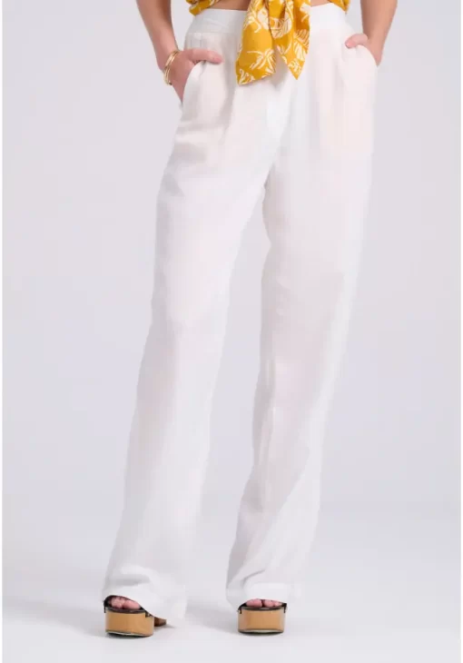 Wide leg linen blend παντελόνα με μονή πιέτα FBL009 106 02 Off White