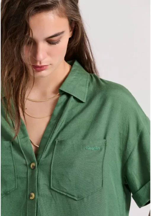 Loose fit linen blend πουκάμισο με τσέπες στο στήθος FBL009 105 05 Mineral Green (3)