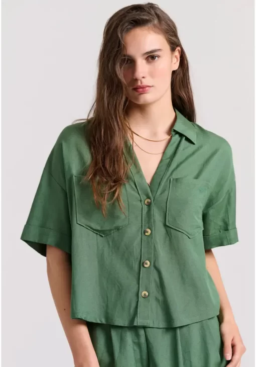 Loose fit linen blend πουκάμισο με τσέπες στο στήθος FBL009 105 05 Mineral Green