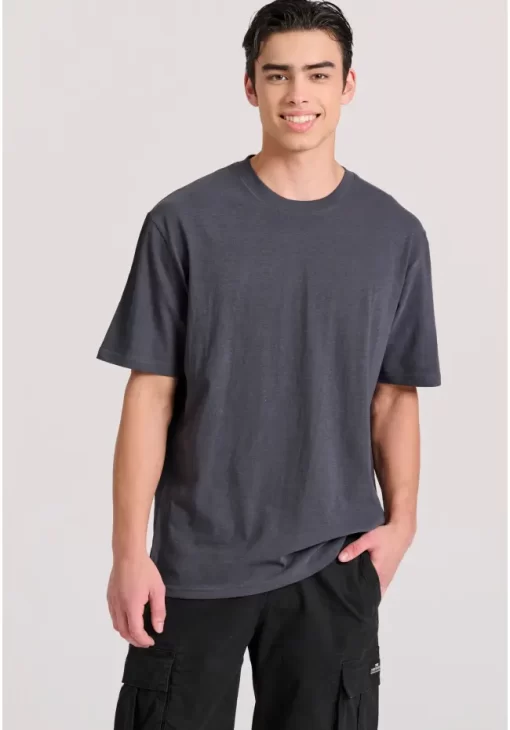 Relaxed fit linen blend μονόχρωμο t shirt FBM009 083 04 Anthracite