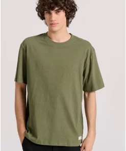 Relaxed fit linen blend μονόχρωμο t shirt FBM009 083 04 Khaki