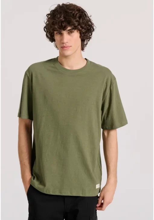 Relaxed fit linen blend μονόχρωμο t shirt FBM009 083 04 Khaki