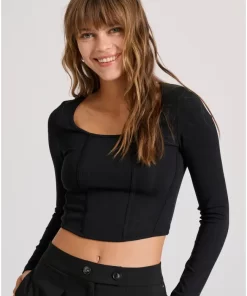 Cropped τοπ σε rib ύφανση FBL010 110 07 Black