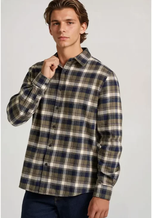 Funky Buddha Ανδρικό καρό flannel πουκάμισο FBM010 030 05 Khaki (4)