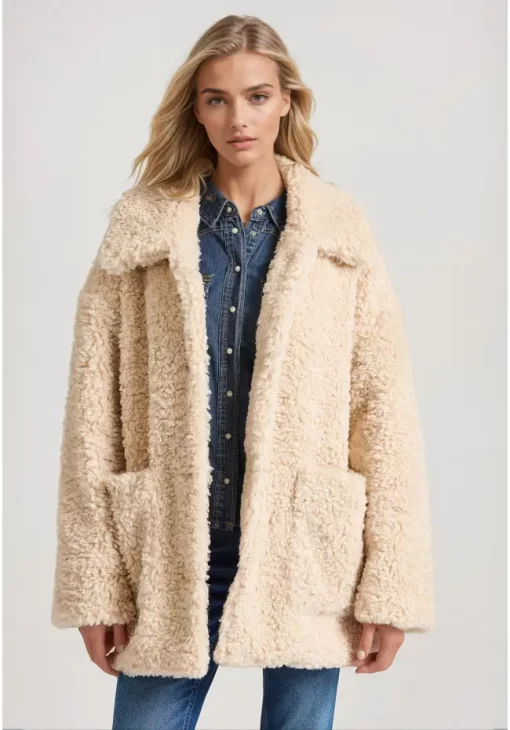 Loose fit faux fur jacket FBL010 123 01 Chalk